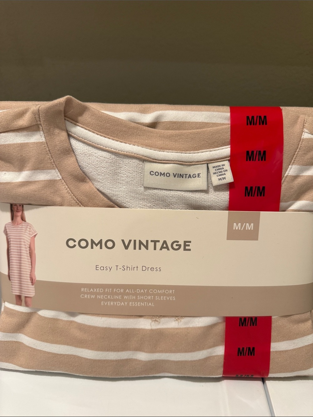 COMO VINTAGE Beige and White Striped Easy T-Shirt Dress